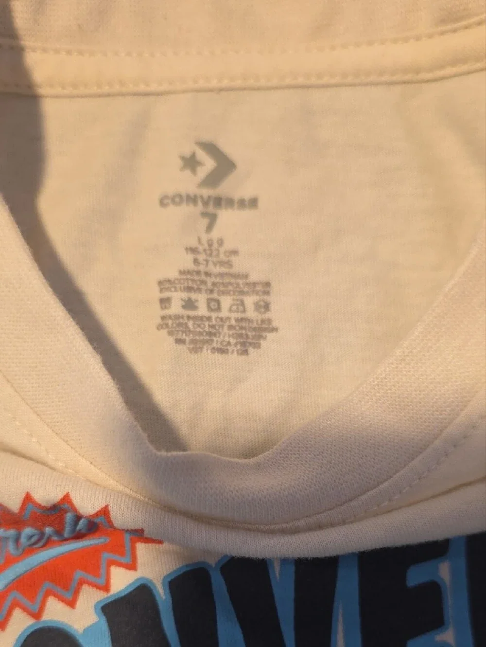 Converse Cream Kids Tee with Brown Sneaker Graphic and Blue Logo